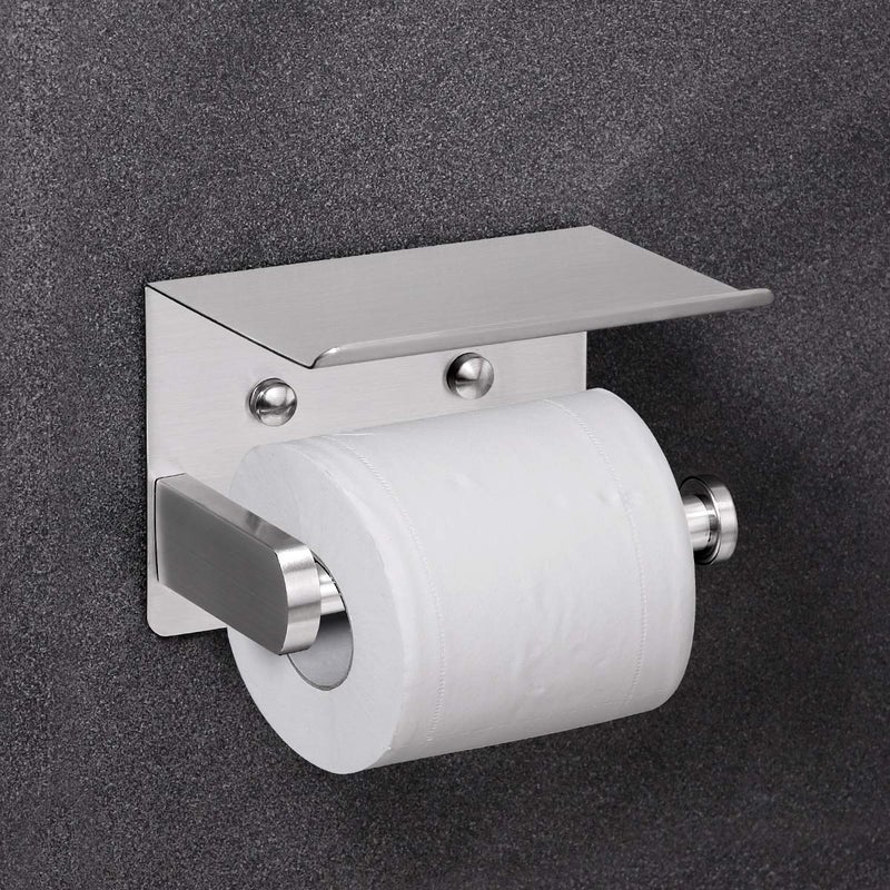 VAEHOLD Self Adhesive Toilet Paper Holder with Phone Shelf Stainless Steel Wall Mounted Toilet Paper Roll Holder - Rustproof and Bathroom Washroom Tissue Roll Holder with Storage Shelf - Silver - Image 4